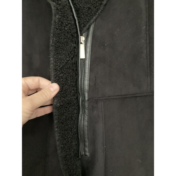 French Connection Faux Shearling Hooded Coat Jacket SMALL Black - Picture 6 of 13